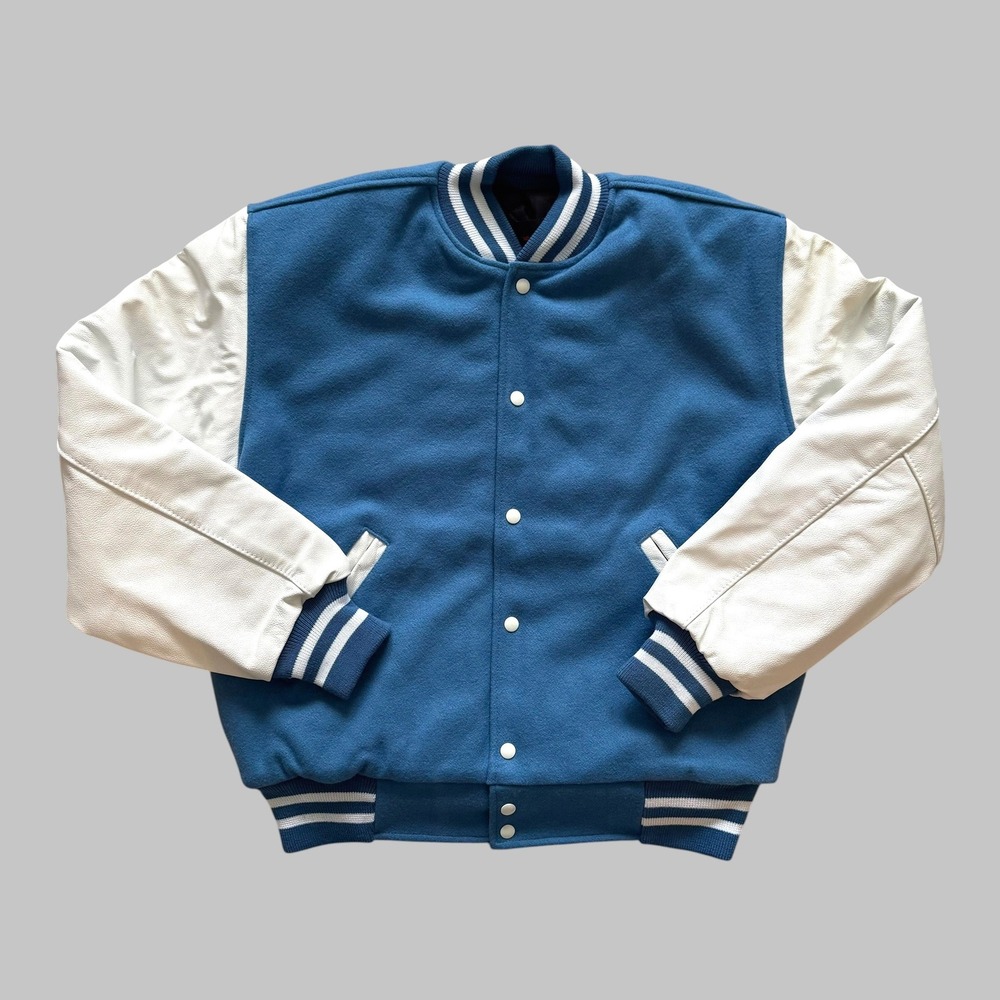 Vintage T&M Sportswear Varsity Jacket L Blank Wool Leather Blue White USA Made